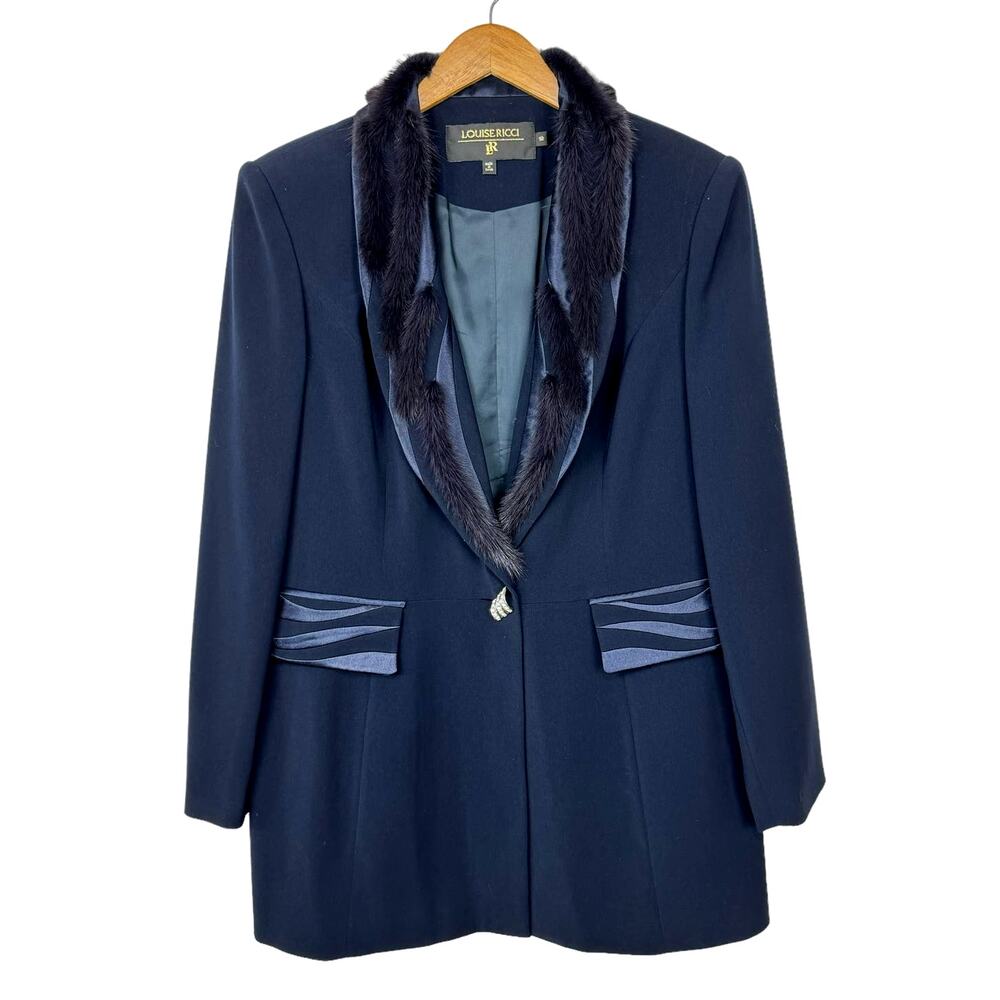 Louise Ricci Vintage Dark Navy Blue Faux Fur Collar Jeweled Button Blazer Jacket